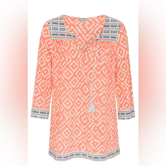 J McLAUGHLIN Coral Pink Gray Print Cotton Embroidered Detail Tunic Top sz L - Picture 1 of 3